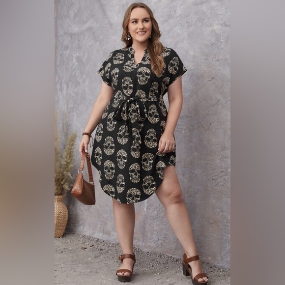 Emery Rose Plus Notch Neck Dolman Sleeve Belted Leopard Skull Mini Dress 1XL - Picture 1 of 12